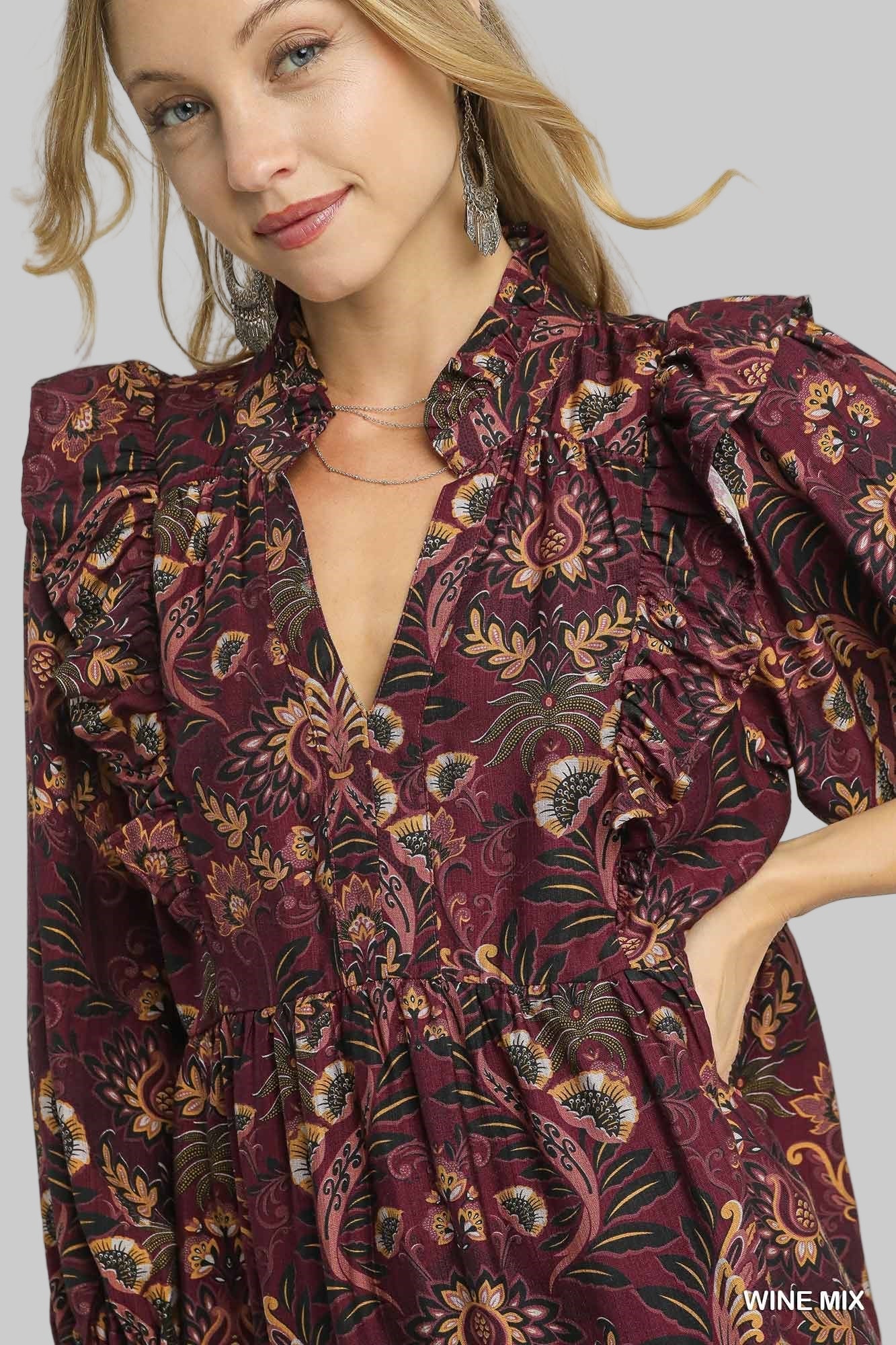 Mandy Mix Floral Long Sleeve Dress Wine