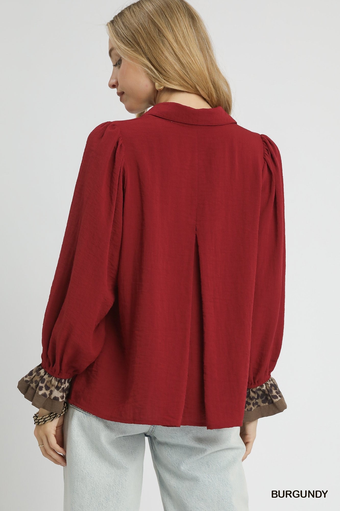Lillie Leopard Print Trim Button Up Blouse Burgundy