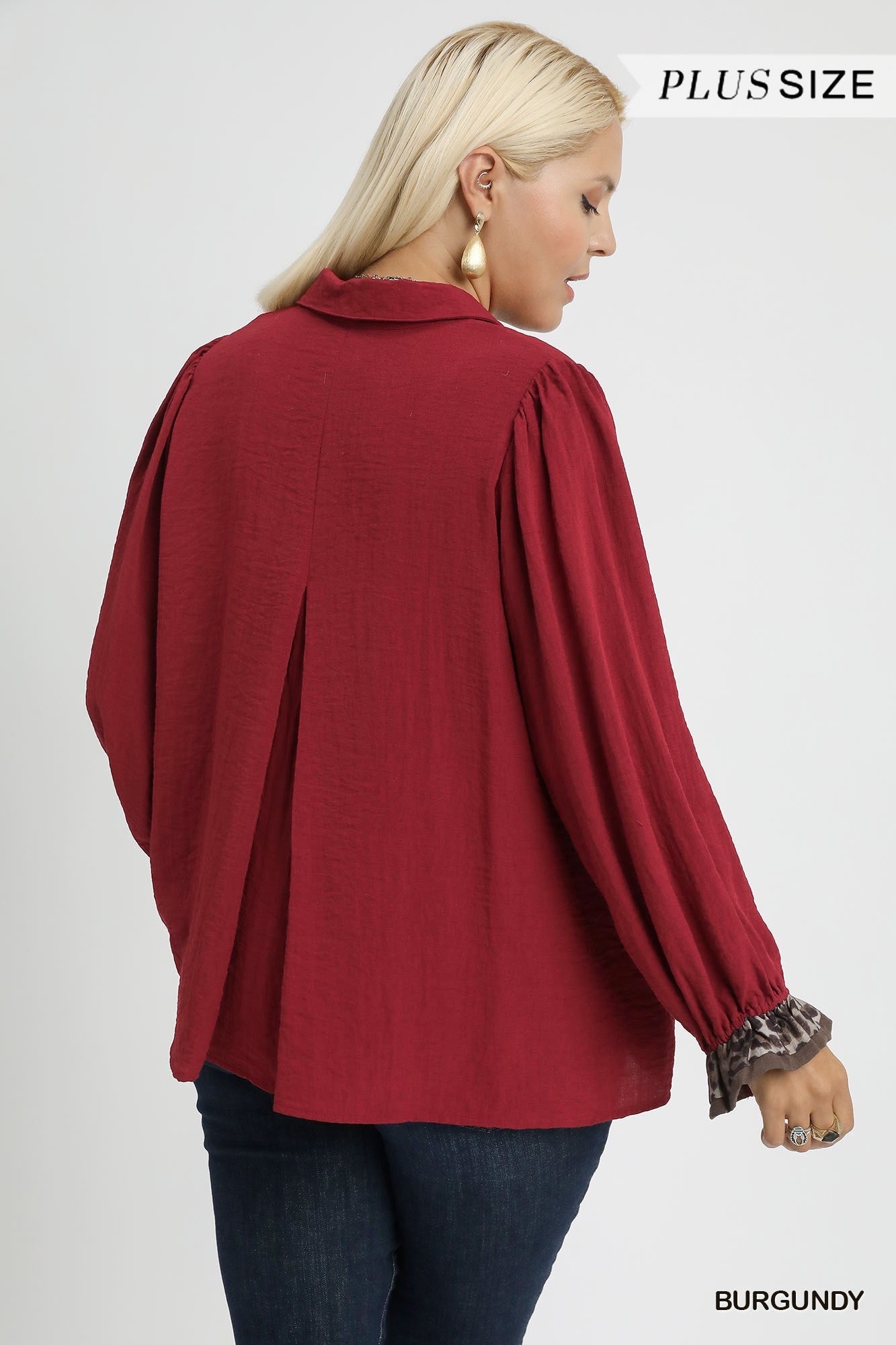 Lillie Leopard Print Trim Button Up Blouse Burgundy