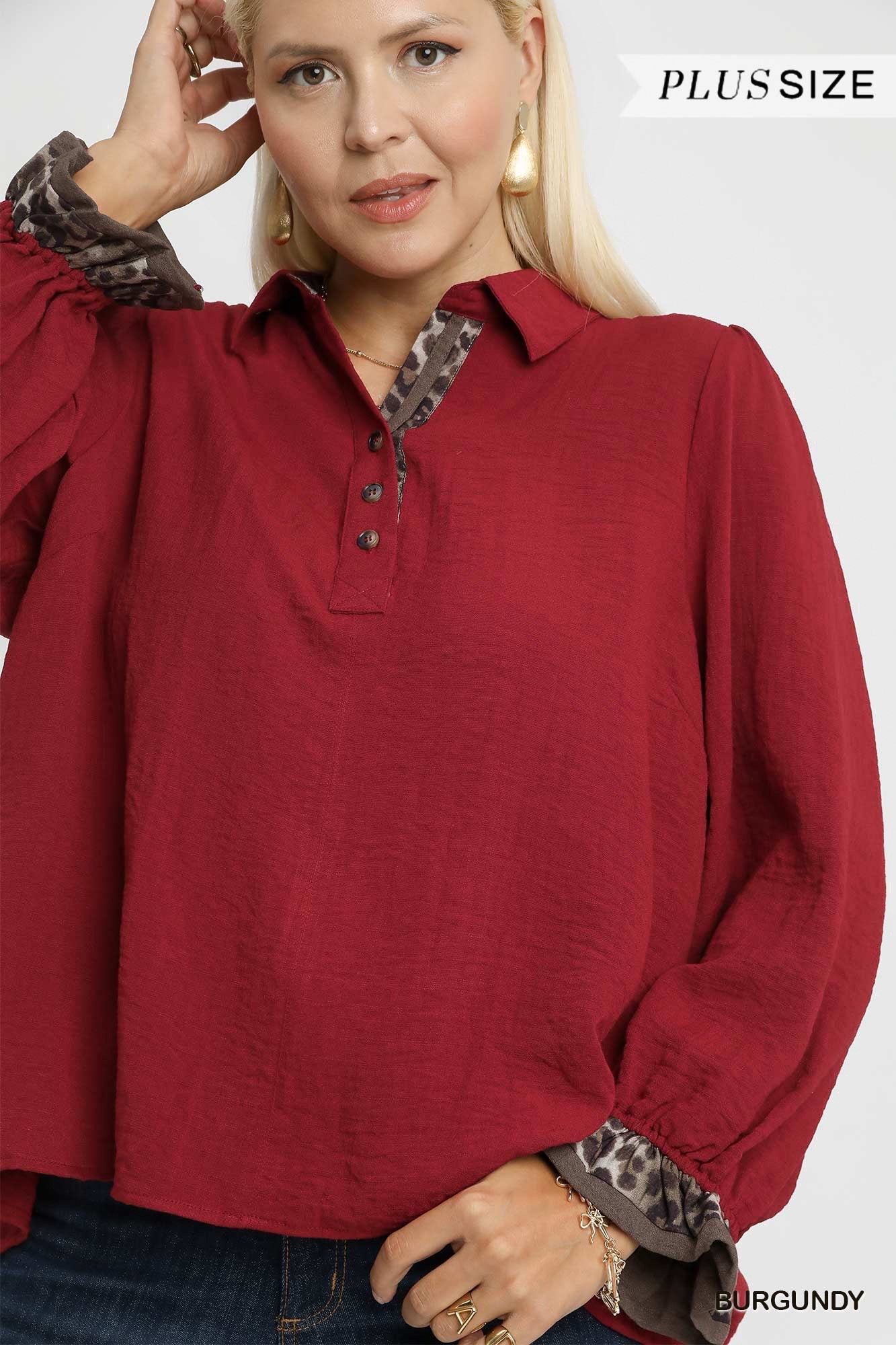 Lillie Leopard Print Trim Button Up Blouse Burgundy