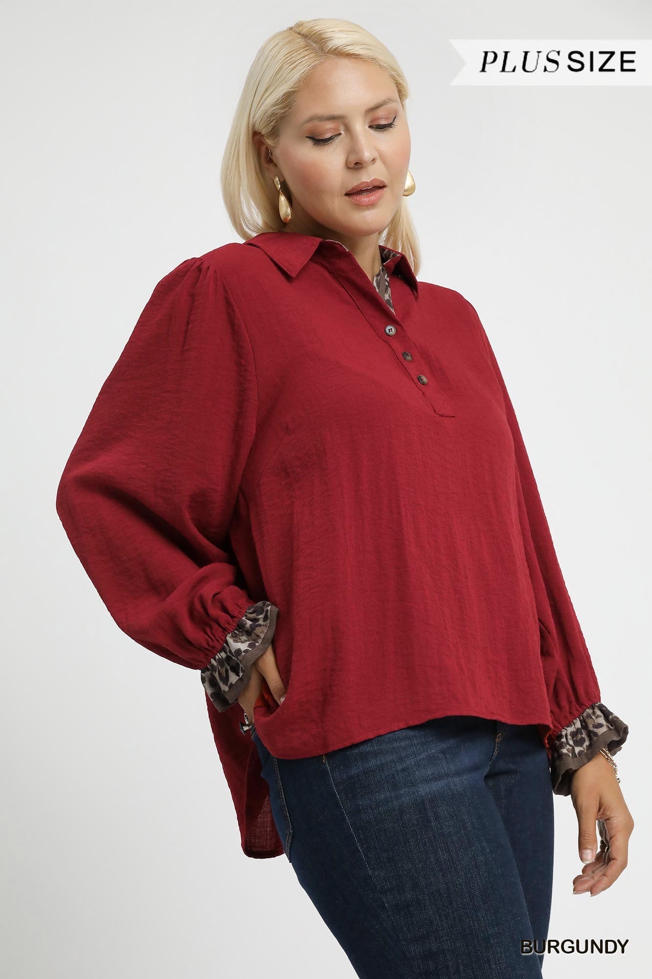 Lillie Leopard Print Trim Button Up Blouse Burgundy