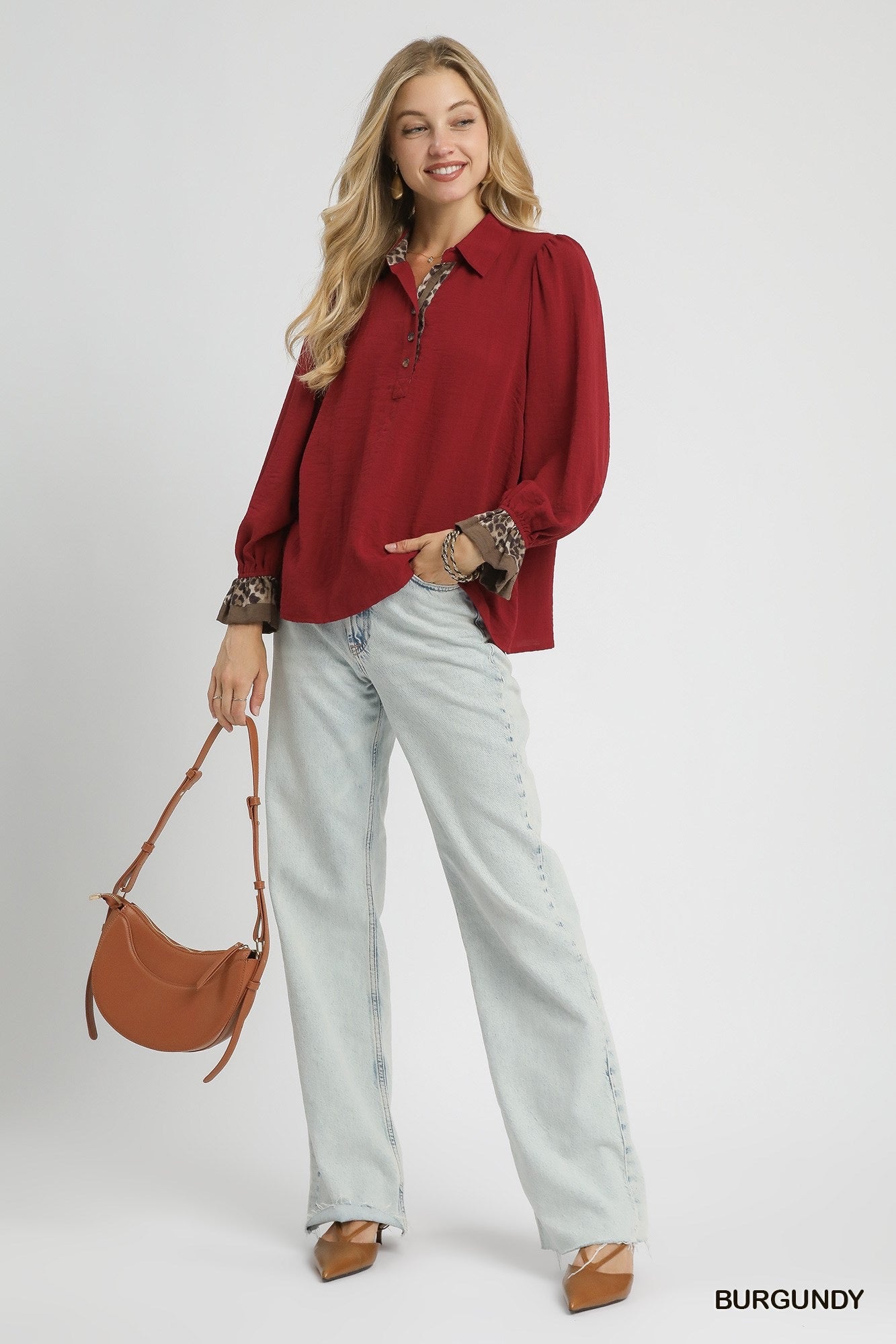 Lillie Leopard Print Trim Button Up Blouse Burgundy