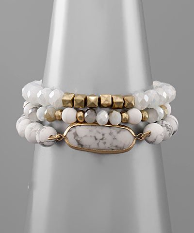 Oval Plaque Multi Bead 3 Row Bracelet White Howlite