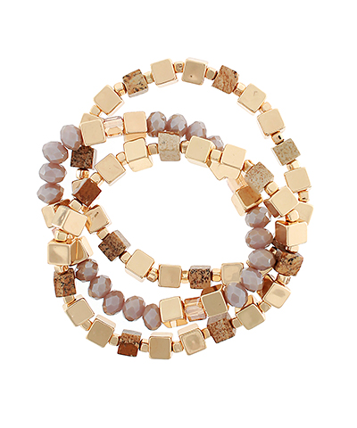 3 Row Cube Stone Bead Bracelet Brown & Gold