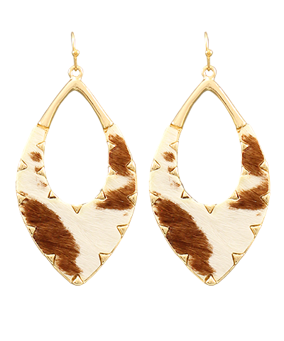 Cow Hide Tear Drop Earrings White Brown