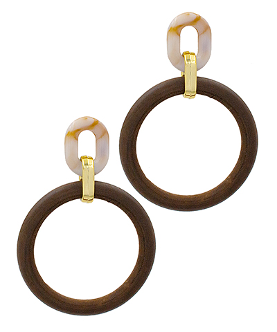 Wood Ring Dangle Earrings Brown