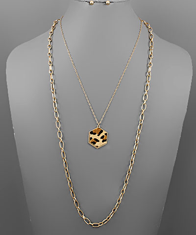 Hexagon Cowhide Leopard Print Layer Necklace