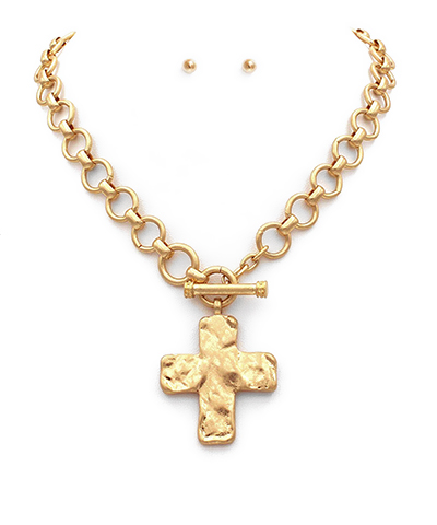 Chunky Cross & Chain Toggle Necklace Set Gold
