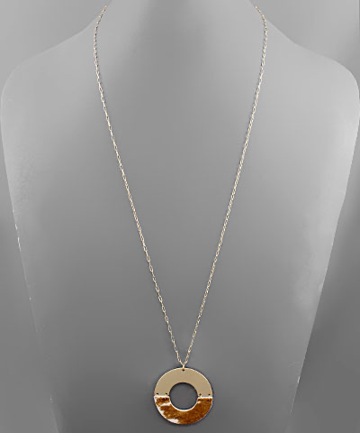 Cowhide Print & Metal Circle Necklace