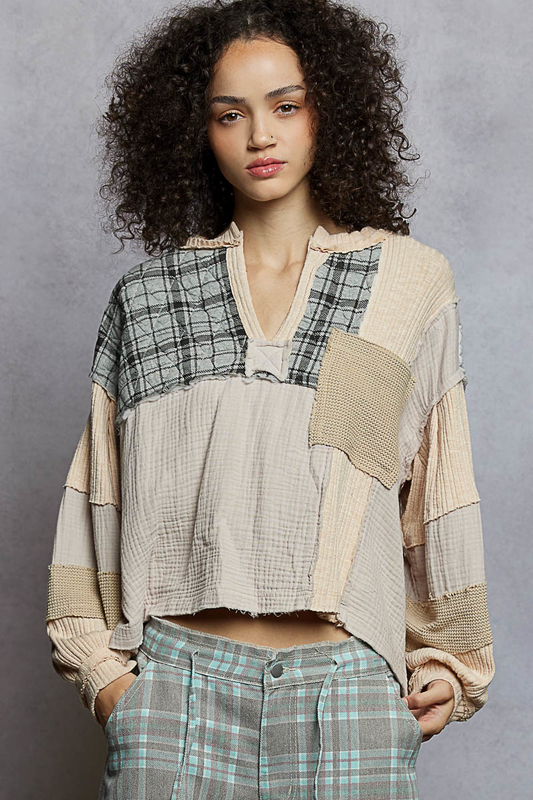 Valerie V Notch Neck Plaid Gauge Pullover Beige