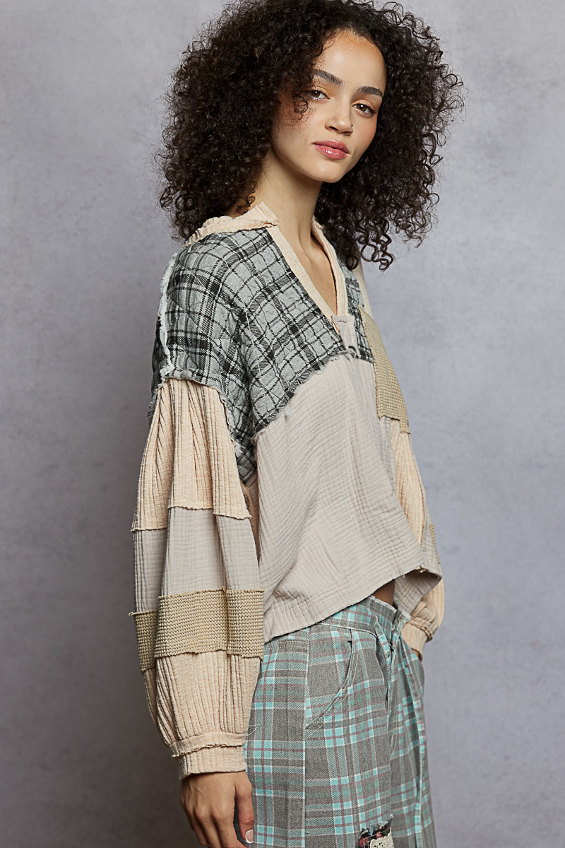 Valerie V Notch Neck Plaid Gauge Pullover Beige