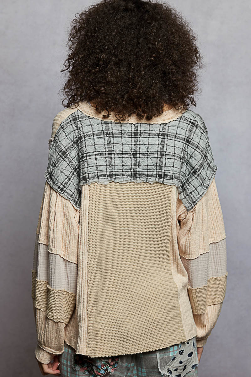 Valerie V Notch Neck Plaid Gauge Pullover Beige