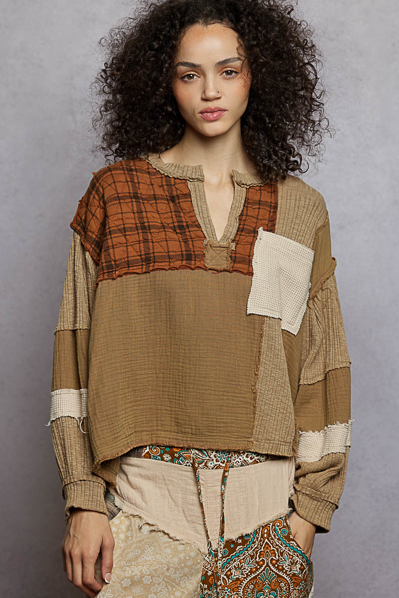 Valerie V Notch Neck Pullover Plaid Almond