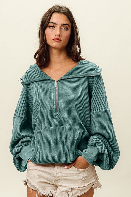 Tatum Waffle Half Zip Hoodie Vintage Jade