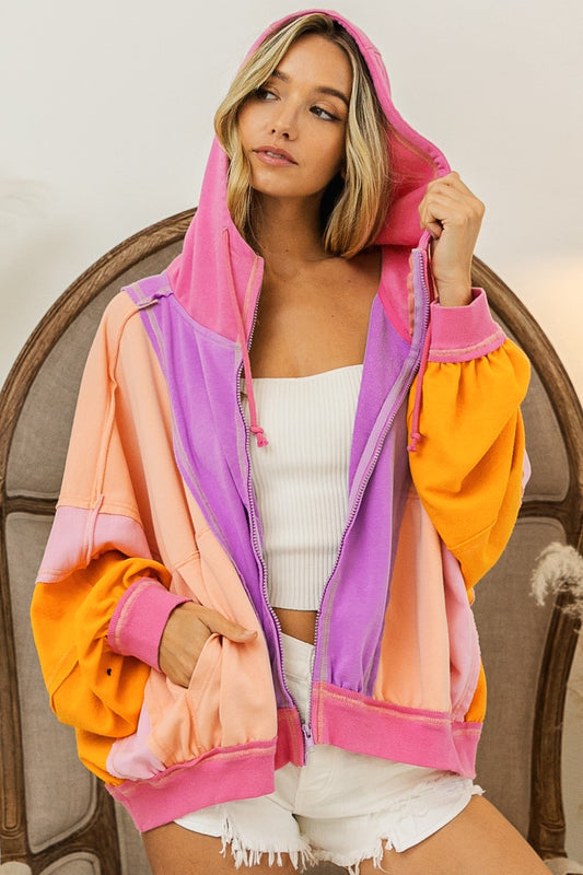 Natalie Color Block Zip Up Hoodie Lavender Combo