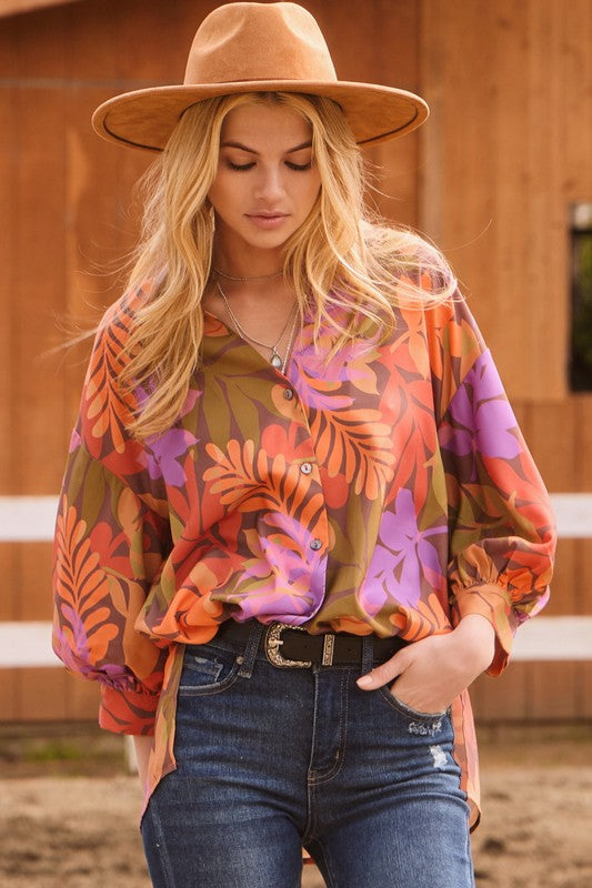 Lydia Leaf Print Blouse Brown Multi