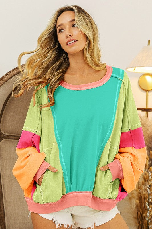 Clara Colorblock French Terry Pullover Jade/Lime