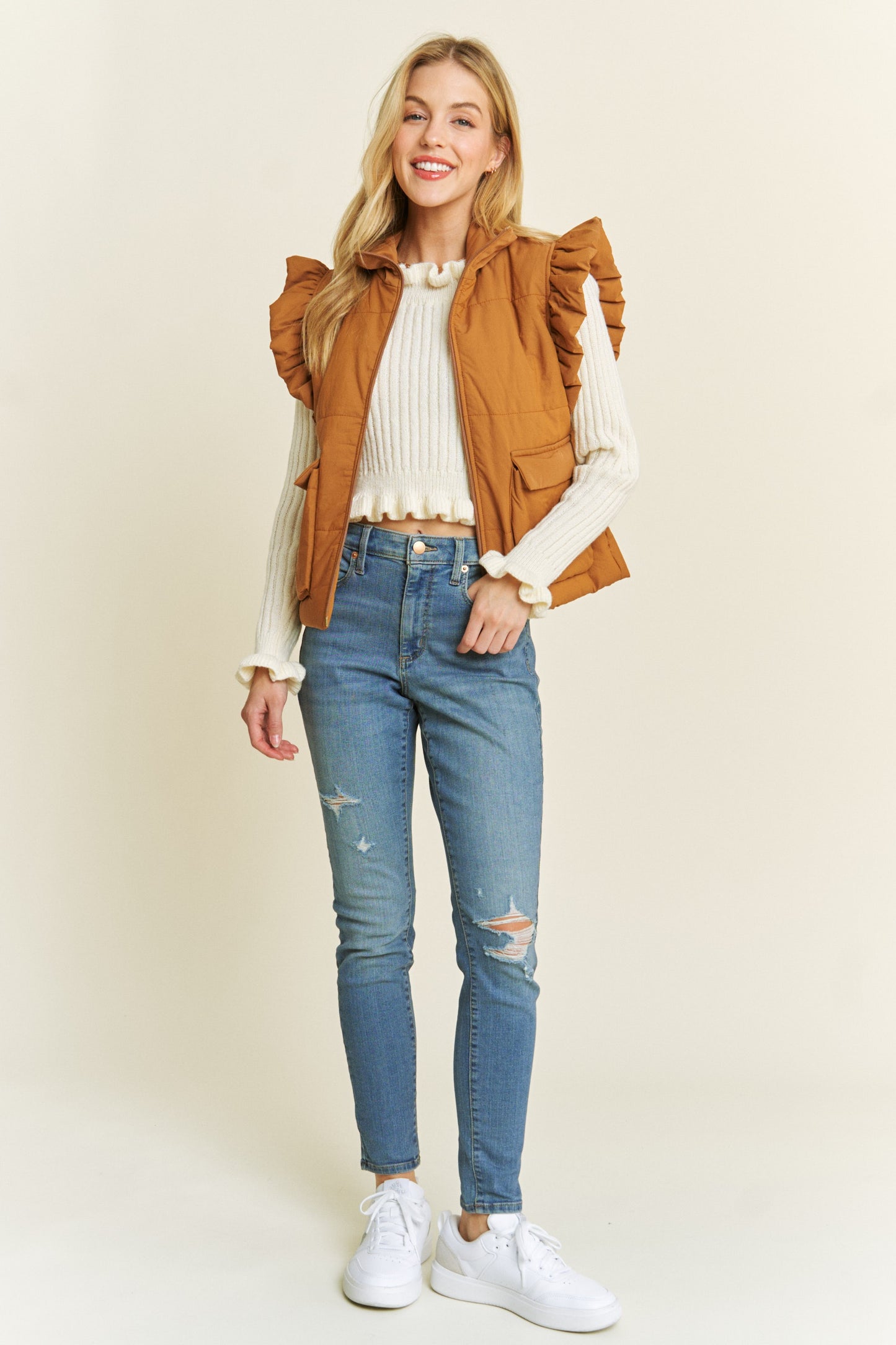 Ruffled Armhole Zip Up Puff Vest Camel