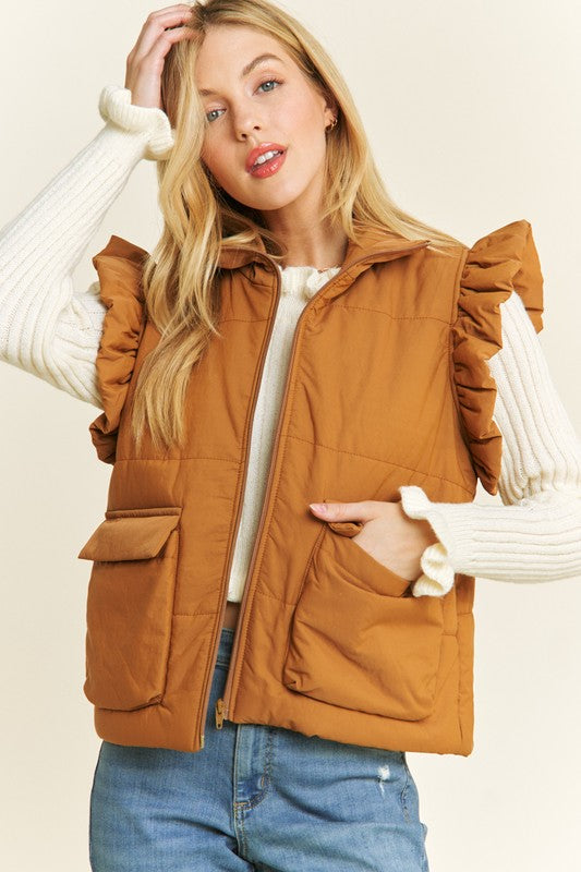 Ruffled Armhole Zip Up Puff Vest Camel