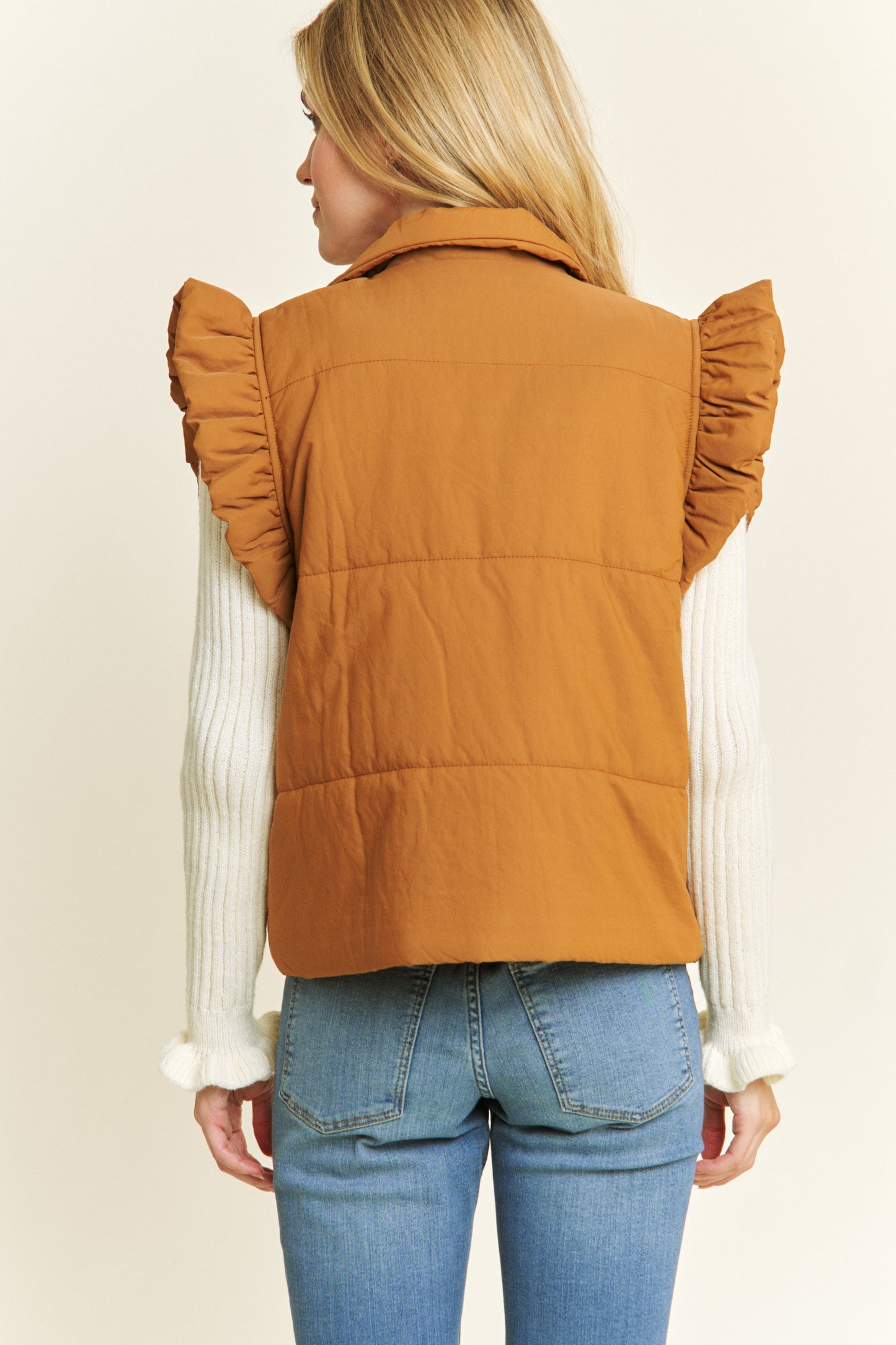 Ruffled Armhole Zip Up Puff Vest Camel