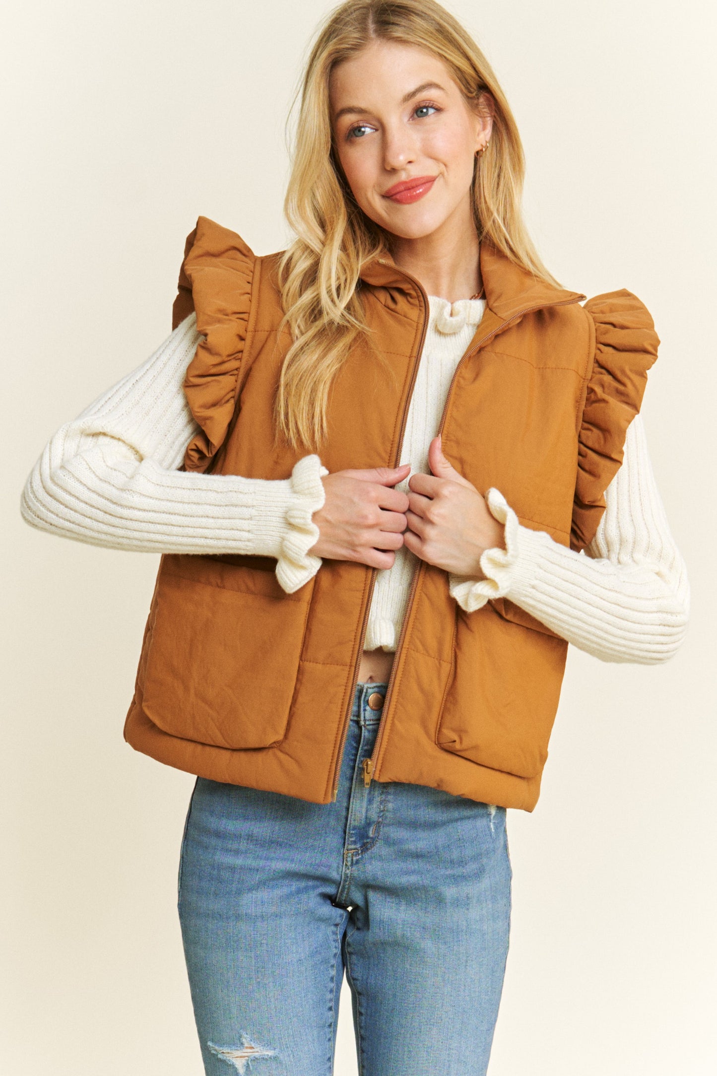 Ruffled Armhole Zip Up Puff Vest Camel