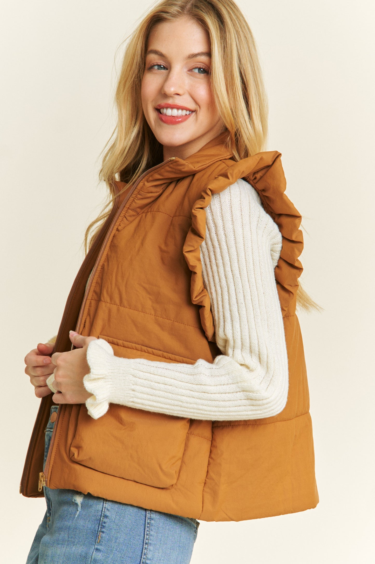 Ruffled Armhole Zip Up Puff Vest Camel