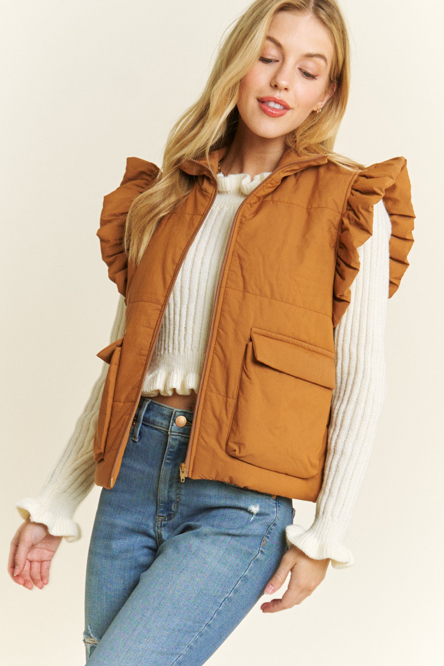 Ruffled Armhole Zip Up Puff Vest Camel