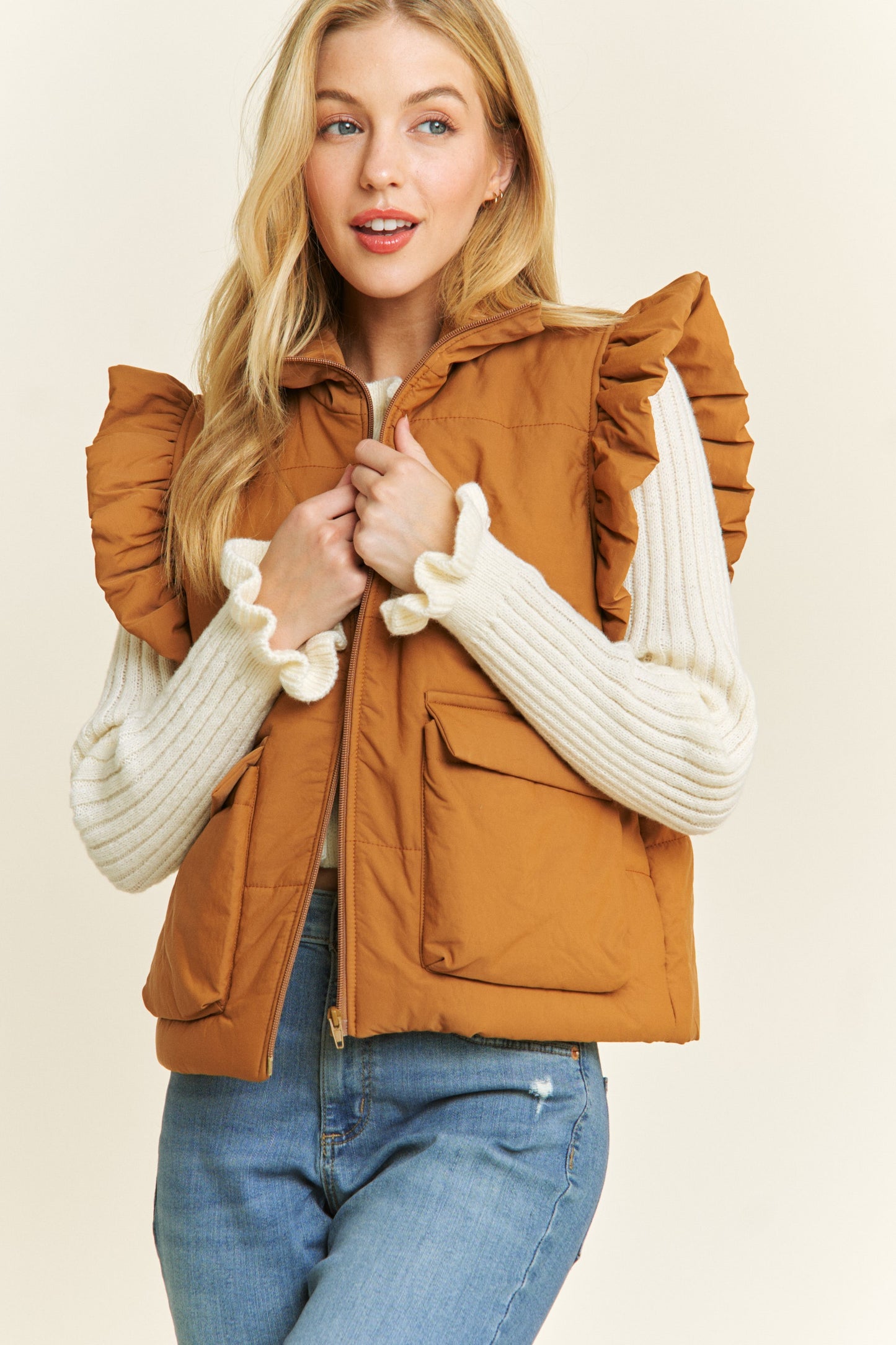 Ruffled Armhole Zip Up Puff Vest Camel