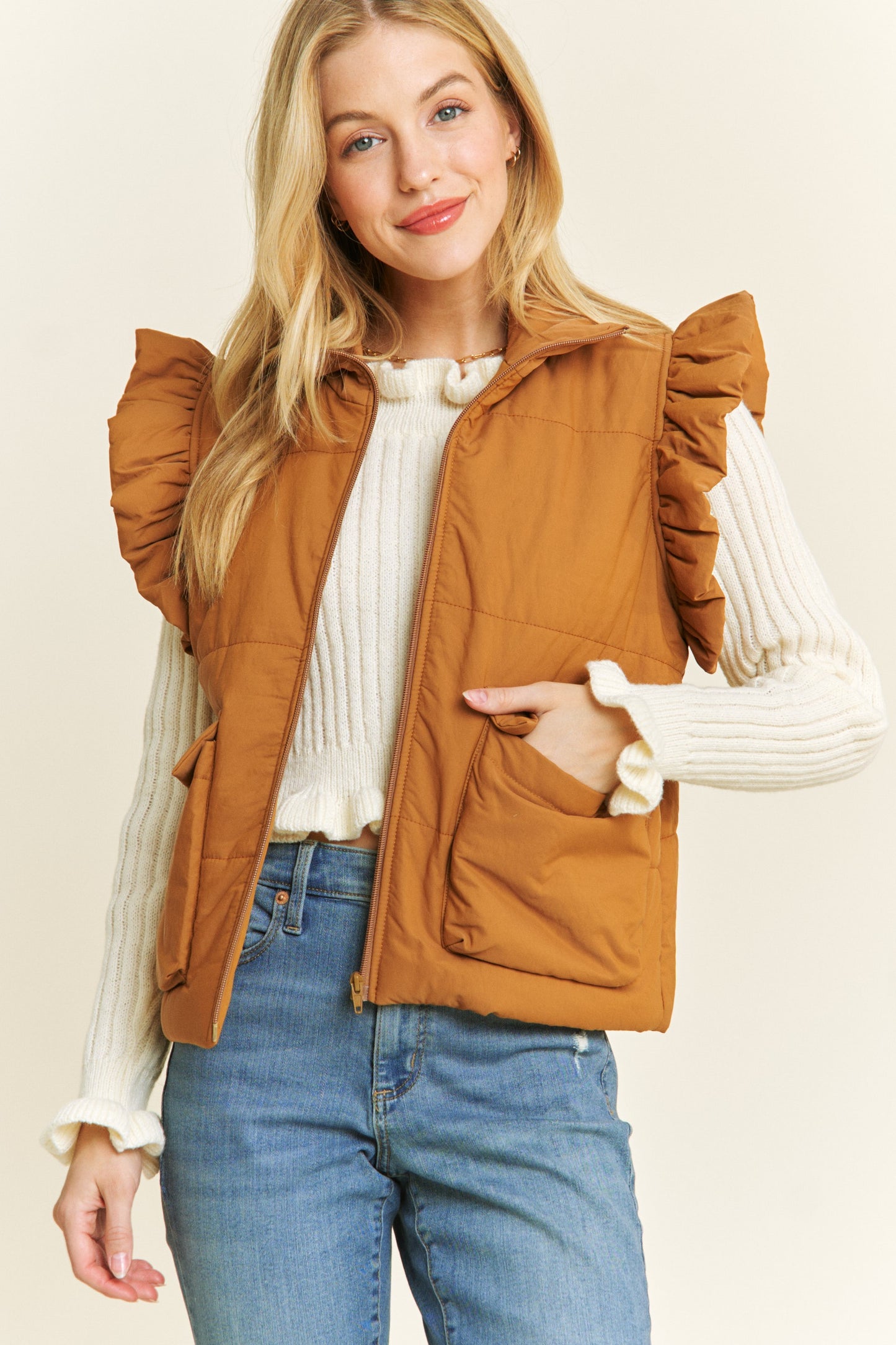 Ruffled Armhole Zip Up Puff Vest Camel