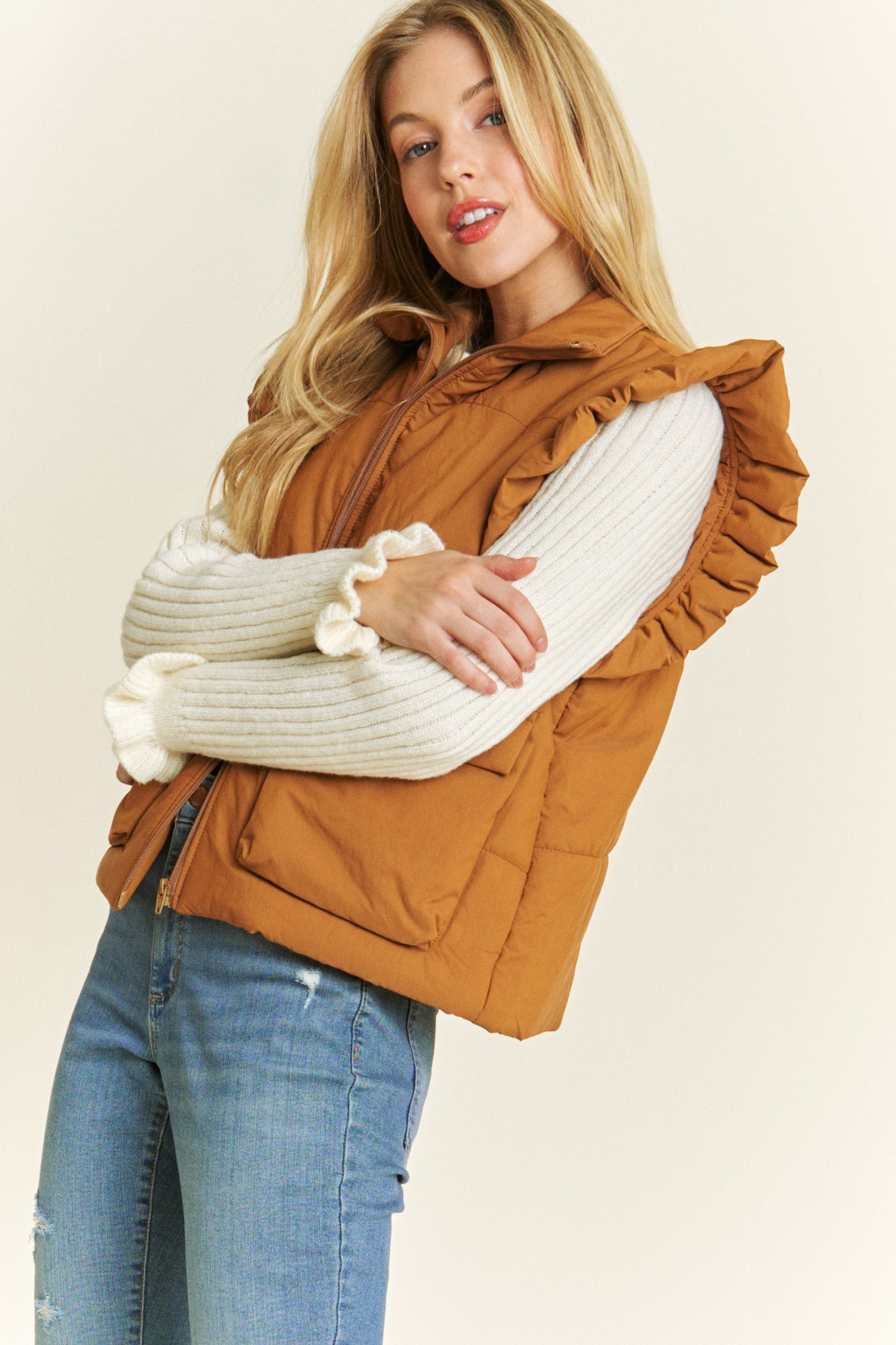 Ruffled Armhole Zip Up Puff Vest Camel