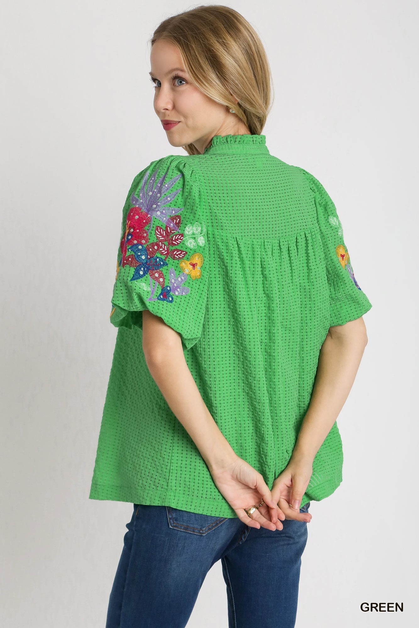 Emma Embroidery Sleeve Top Green