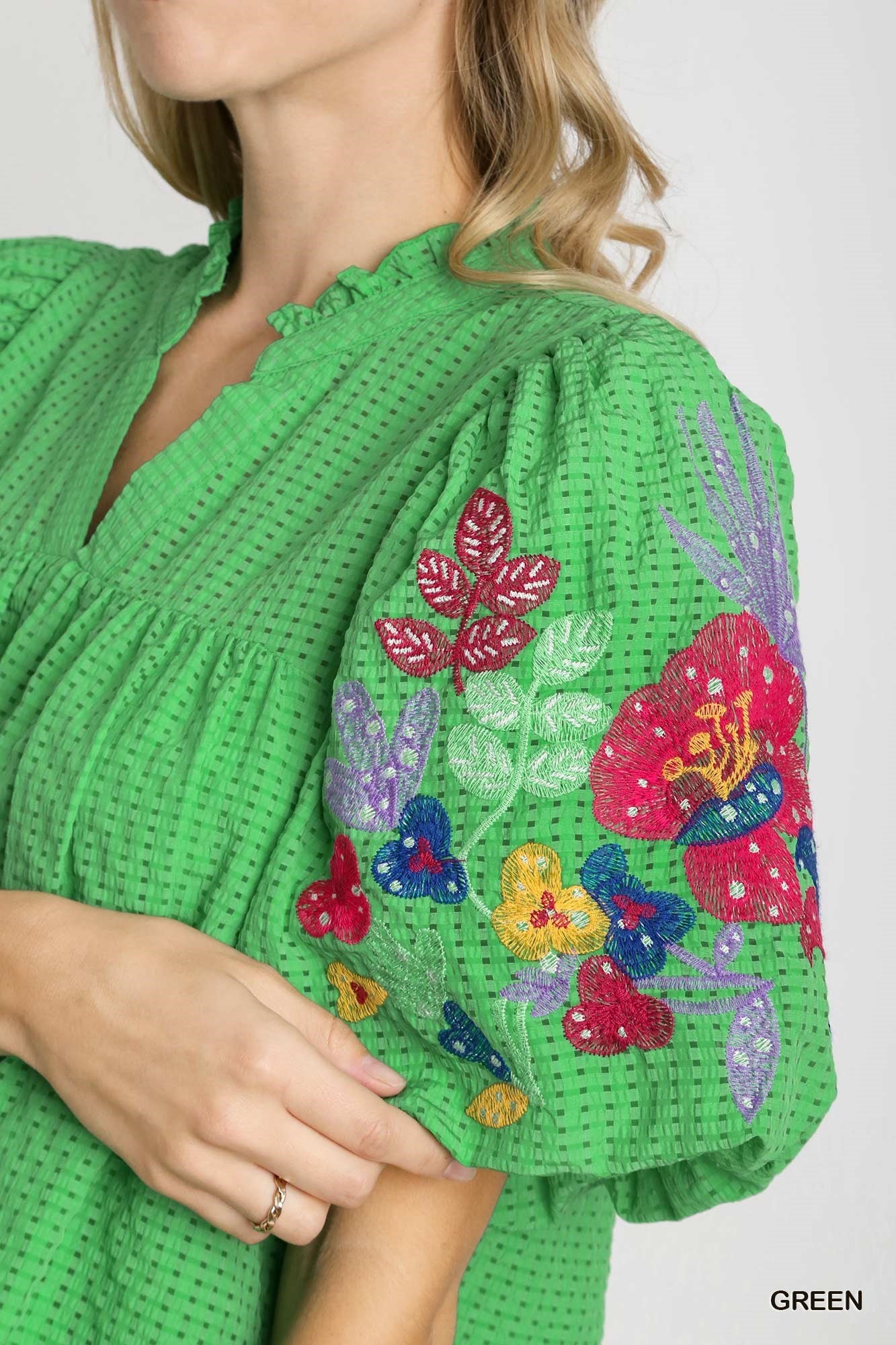 Emma Embroidery Sleeve Top Green