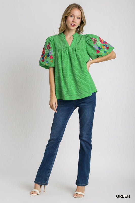 Emma Embroidery Sleeve Top Green