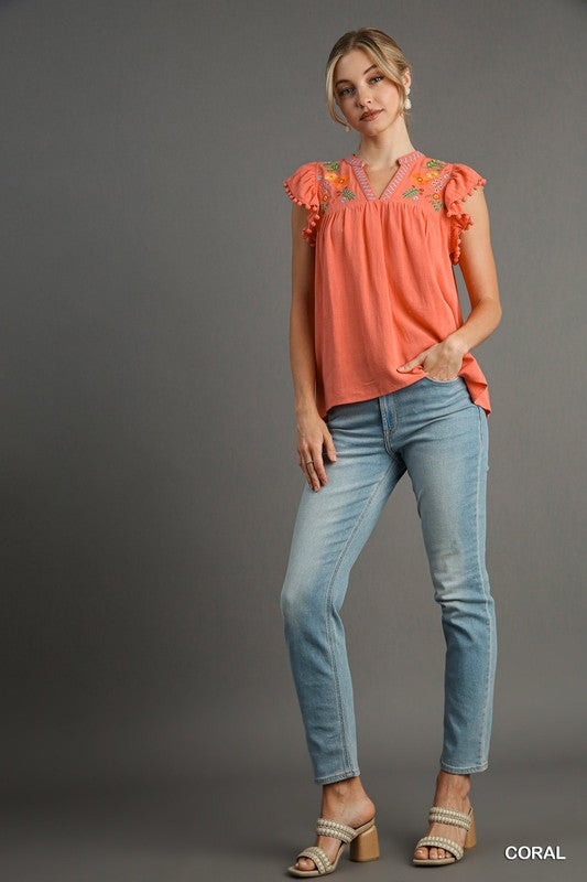 Paige Embroidery & Pom Pom Top Coral