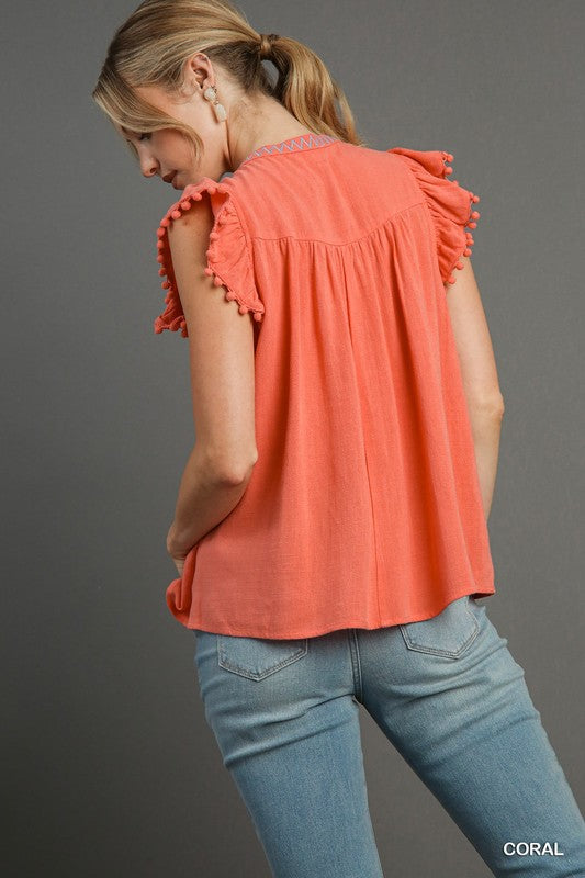 Paige Embroidery & Pom Pom Top Coral