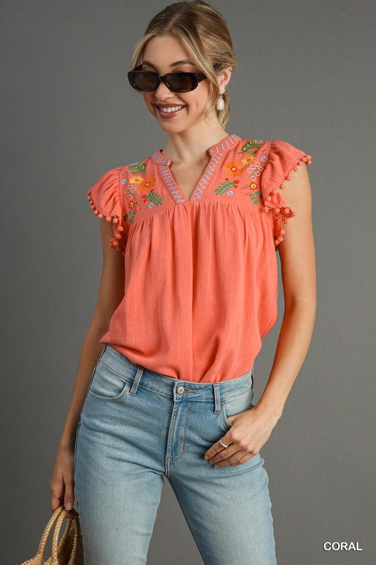 Paige Embroidery & Pom Pom Top Coral