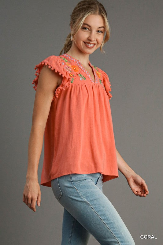 Paige Embroidery & Pom Pom Top Coral