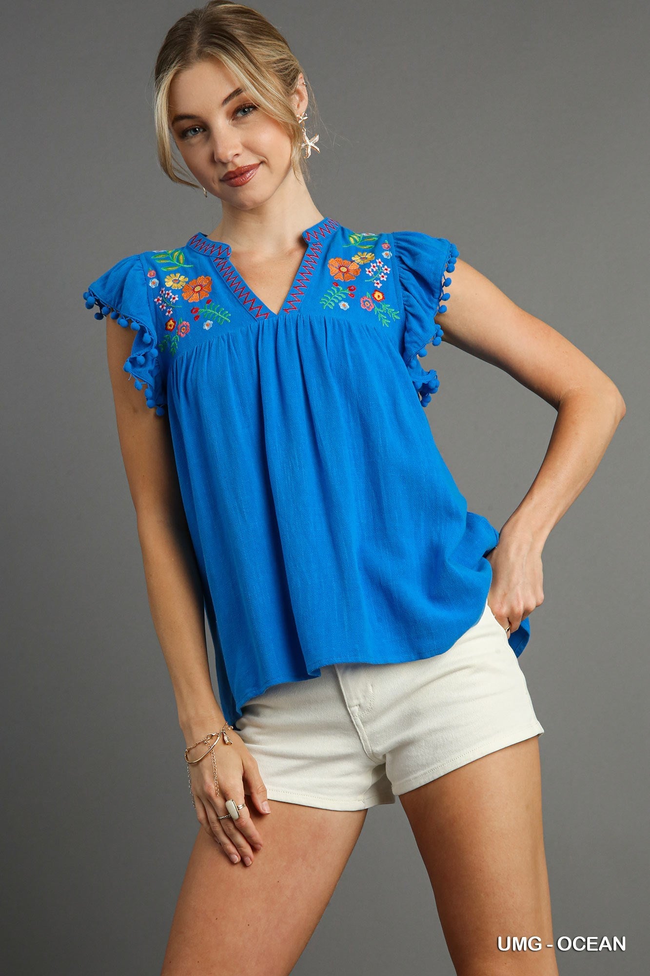 Paige Embroidery & Pom Pom Top Ocean