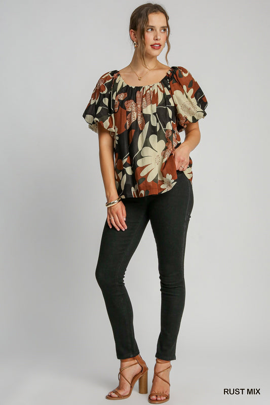 Aurora Floral Abstract Print Top Rust Mix