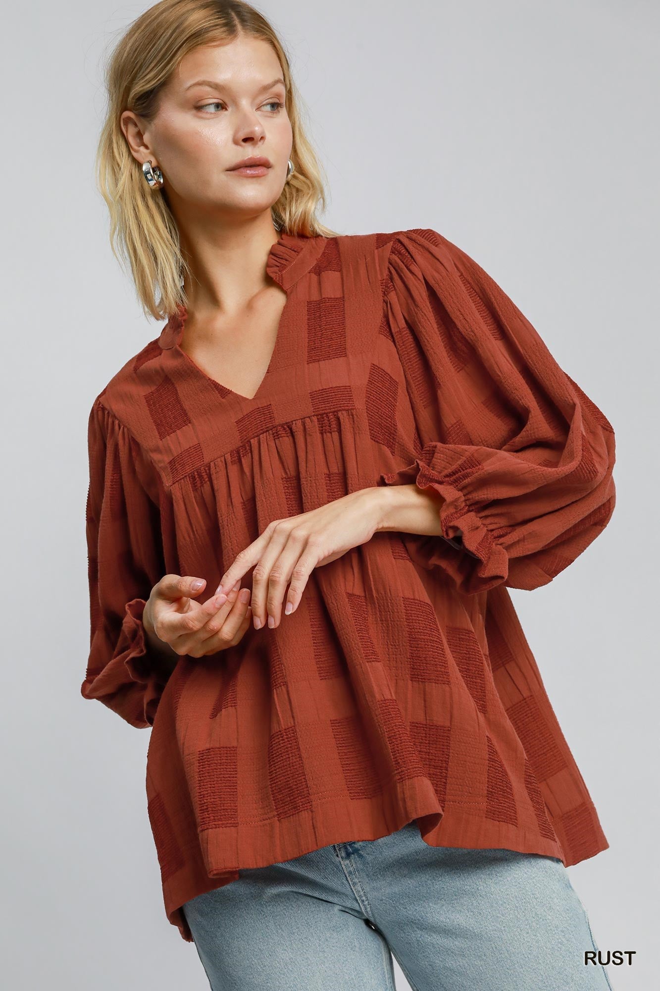 Jasmine Jacquard Ruffle V Neck Top Rust