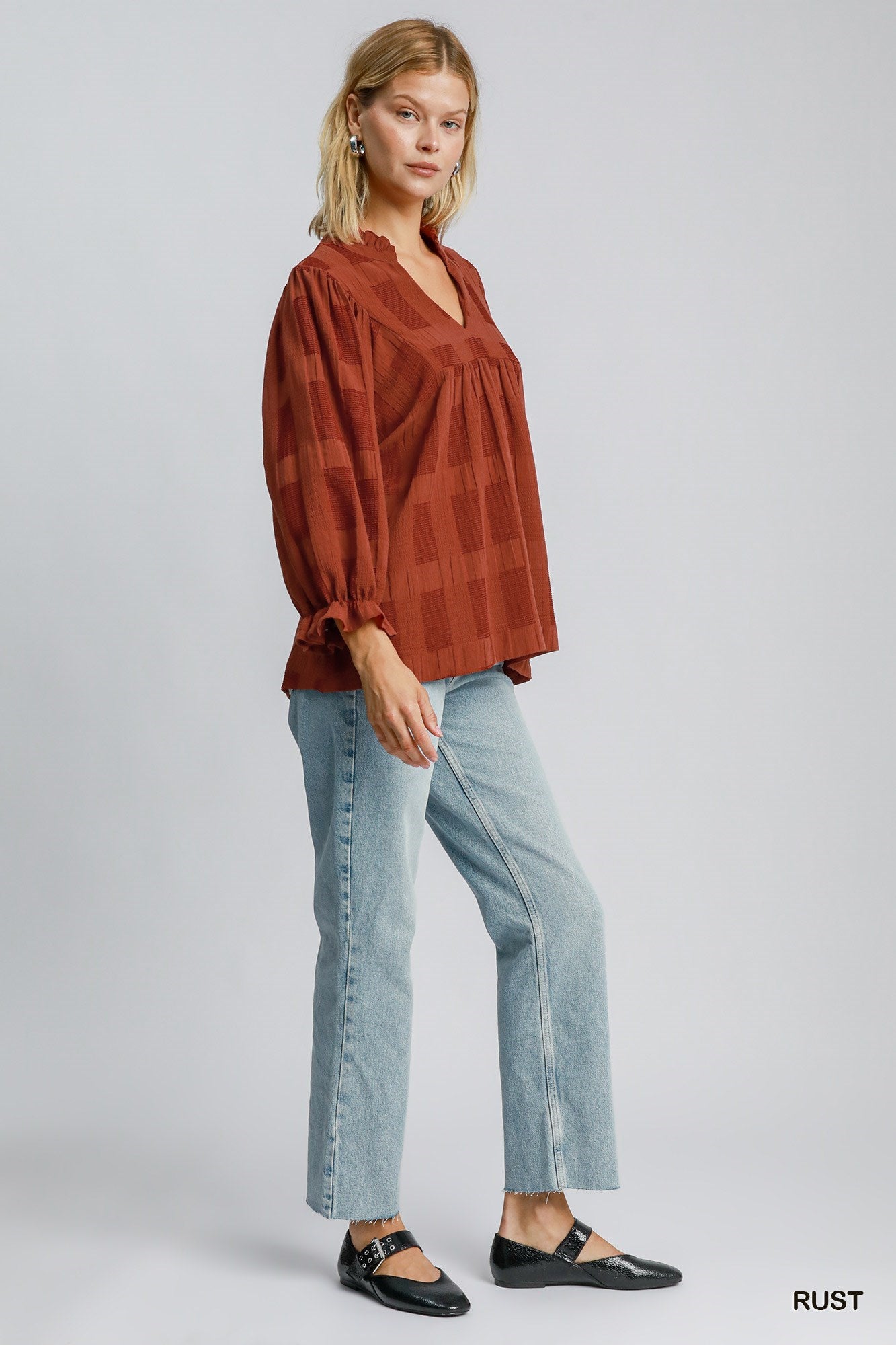 Jasmine Jacquard Ruffle V Neck Top Rust