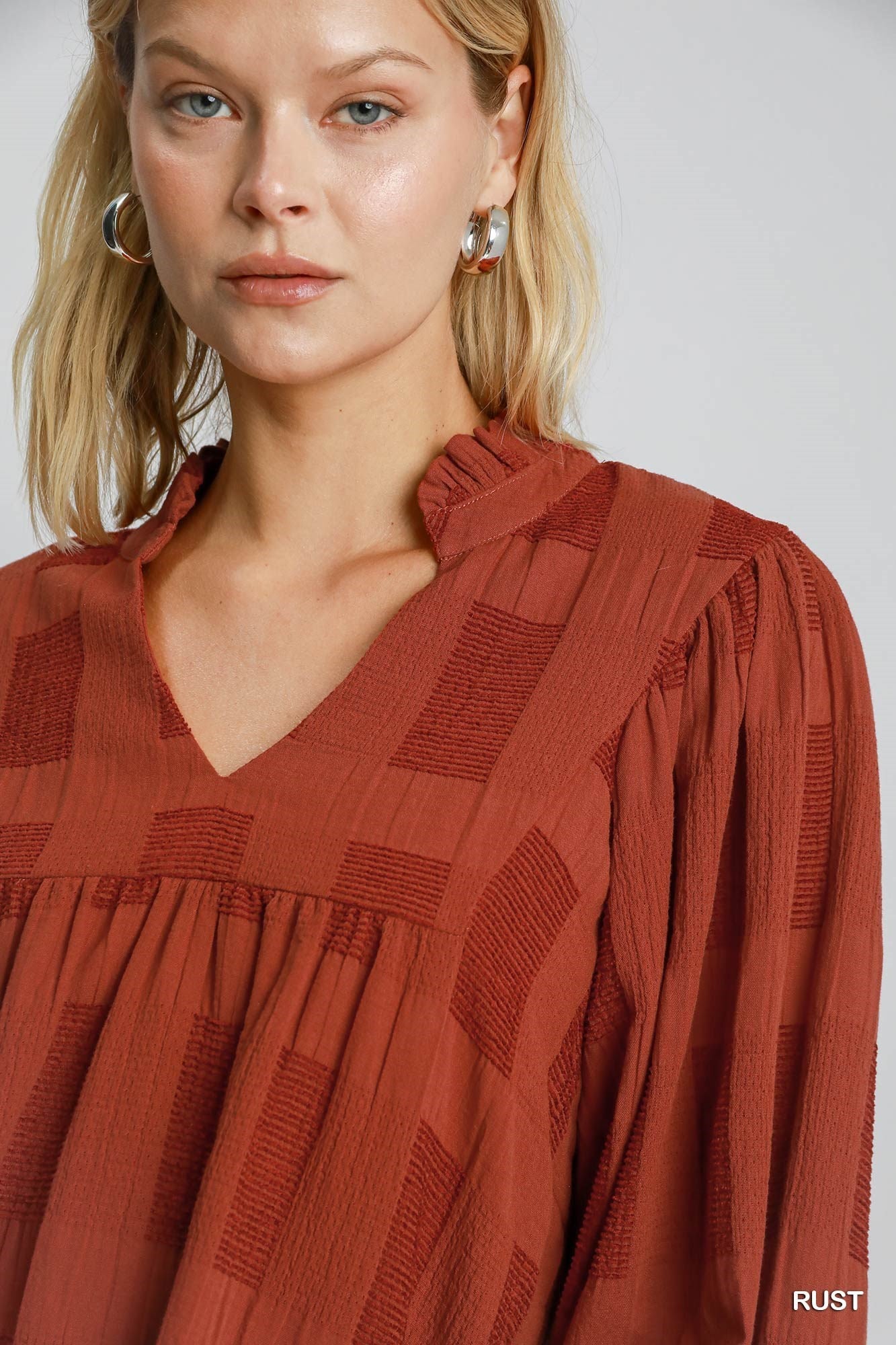 Jasmine Jacquard Ruffle V Neck Top Rust