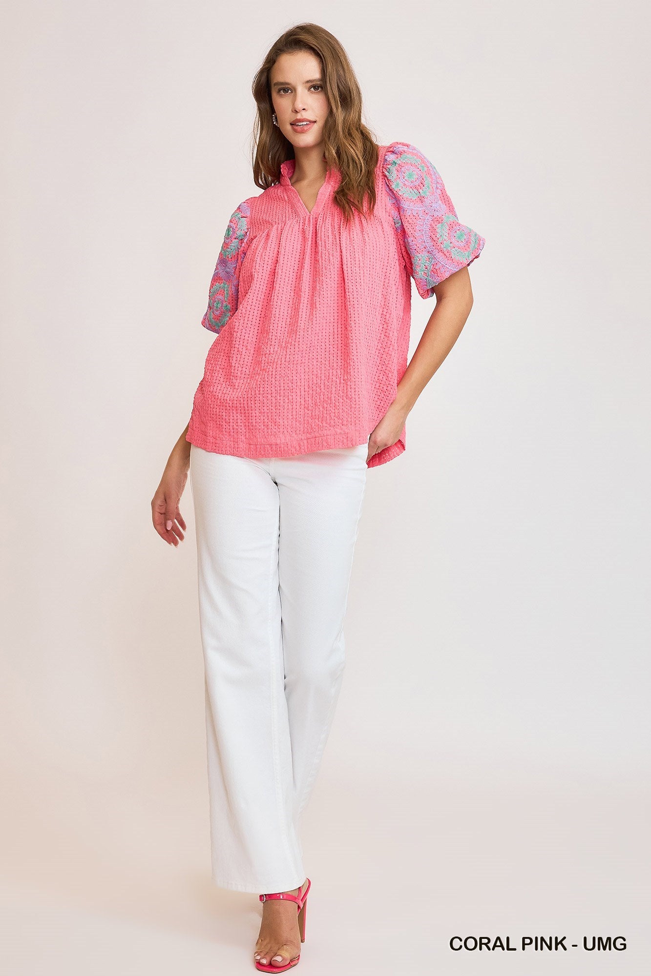 Sutton Embroidered Sleeve Top Coral Pink