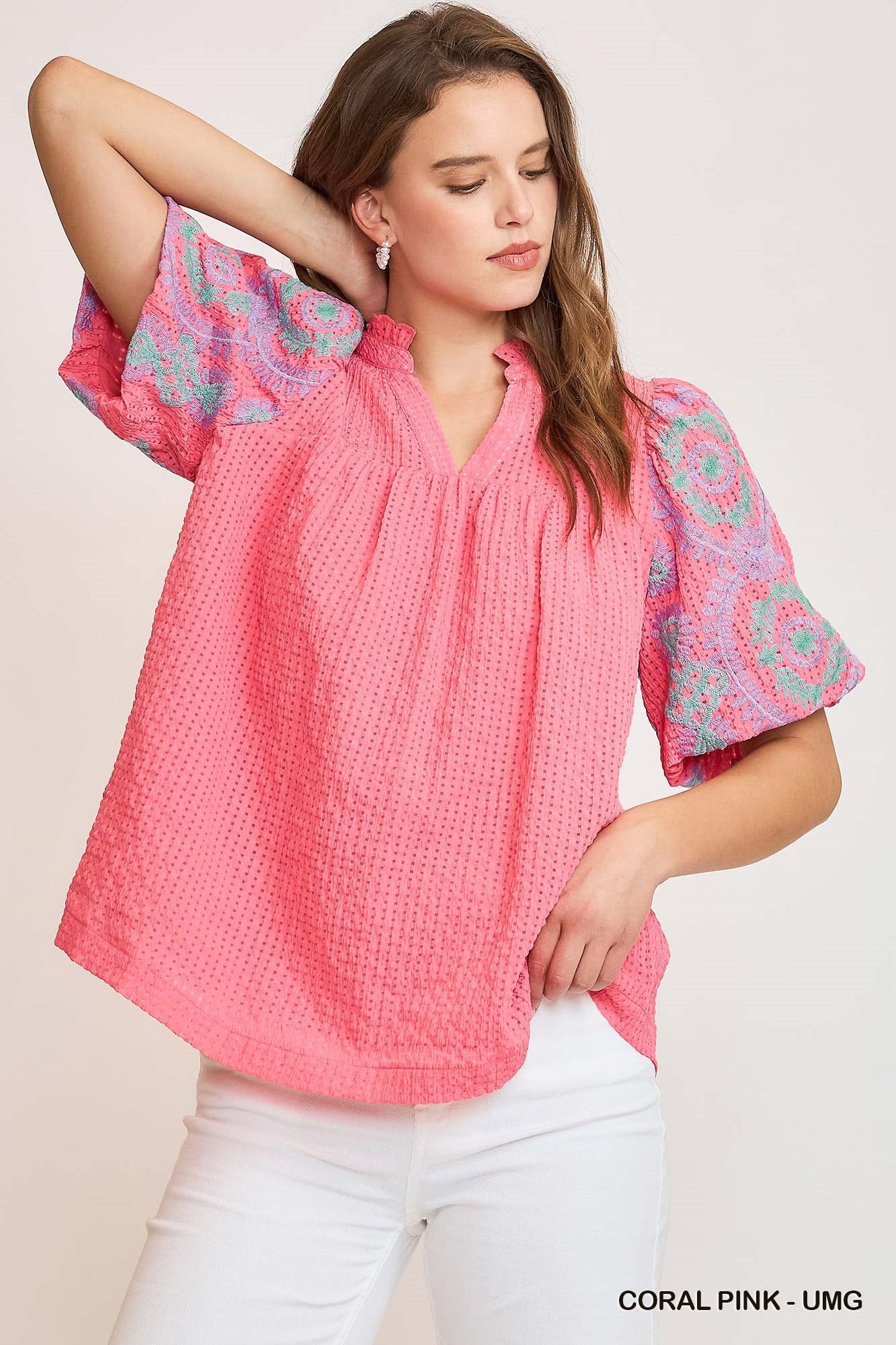 Sutton Embroidered Sleeve Top Coral Pink