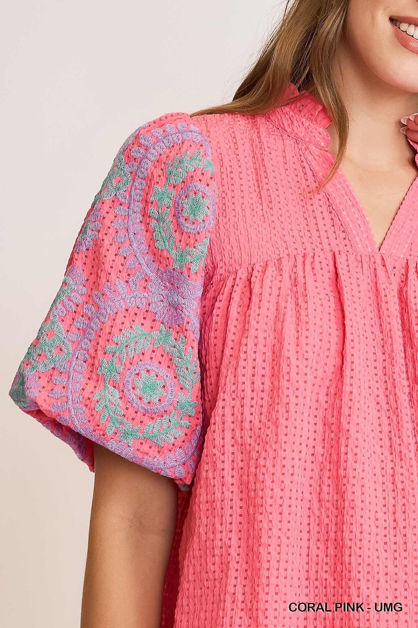 Sutton Embroidered Sleeve Top Coral Pink