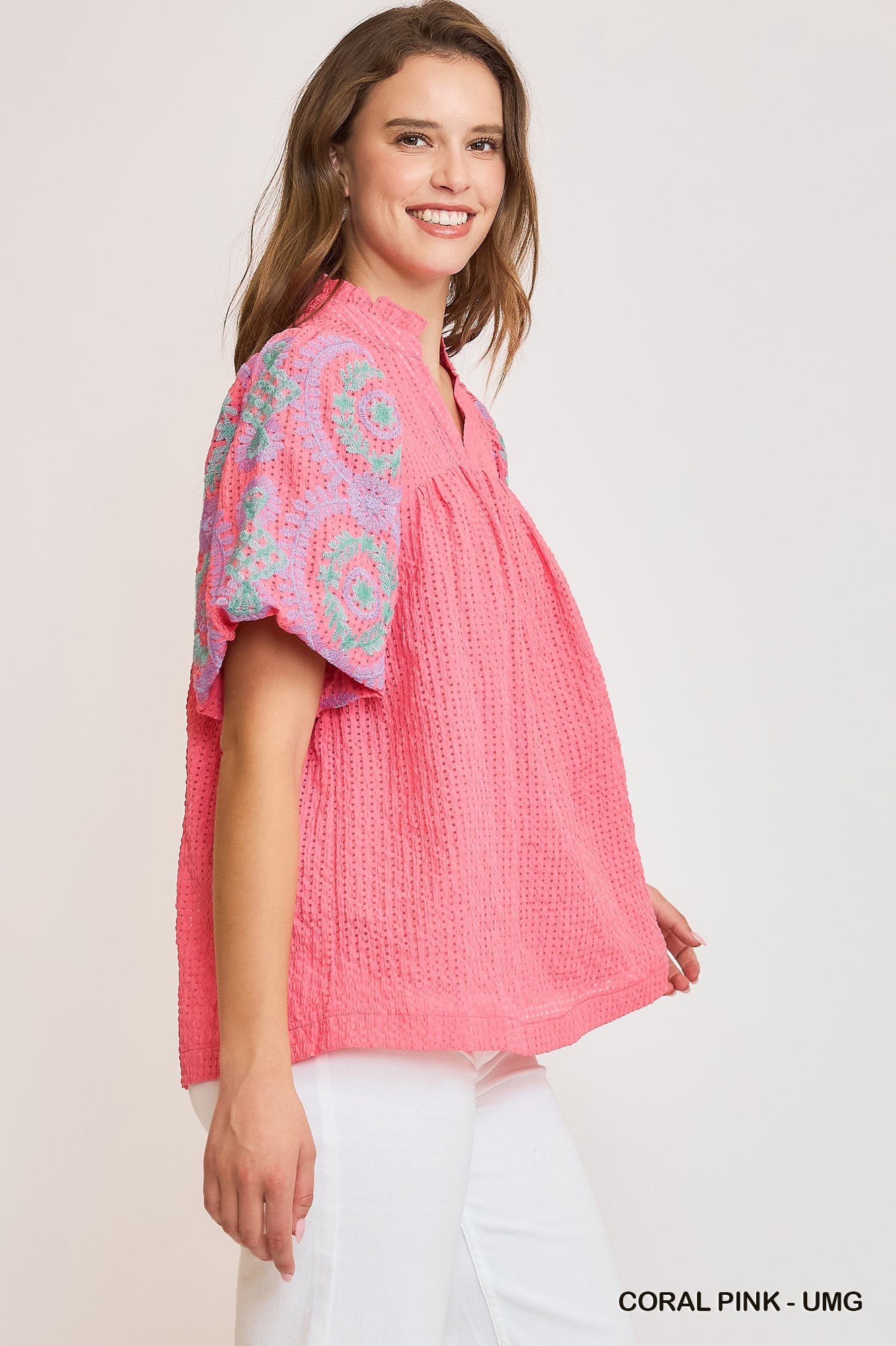 Sutton Embroidered Sleeve Top Coral Pink