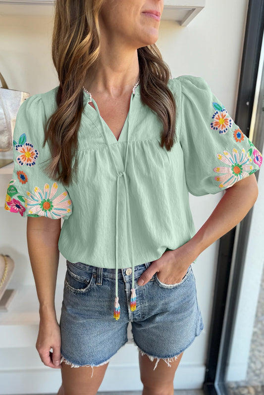 Priscilla Floral Embroidered Puff Sleeve Blouse Aqua