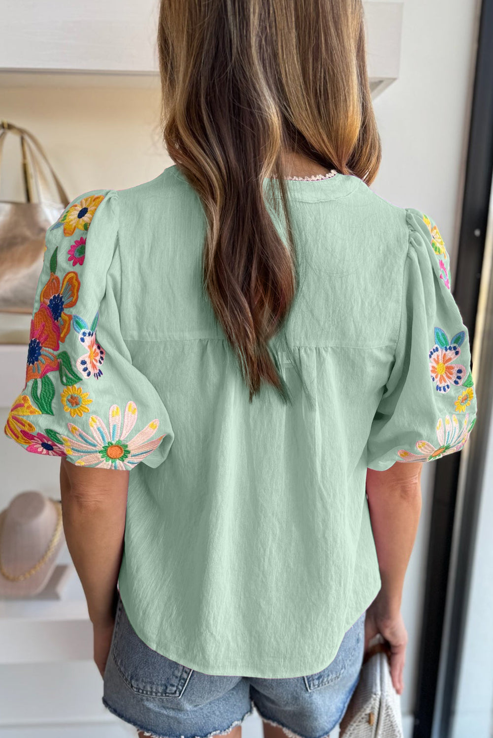 Priscilla Floral Embroidered Puff Sleeve Blouse Aqua