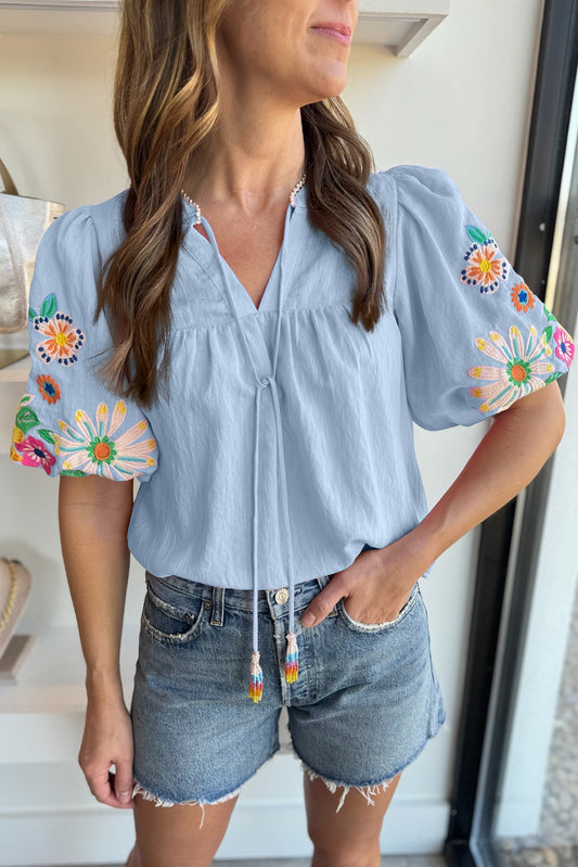 Priscilla Floral Embroidered Puff Sleeve Blouse Blue