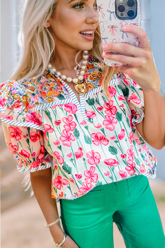 Paityn Floral Print Split Neck Blouse Pink